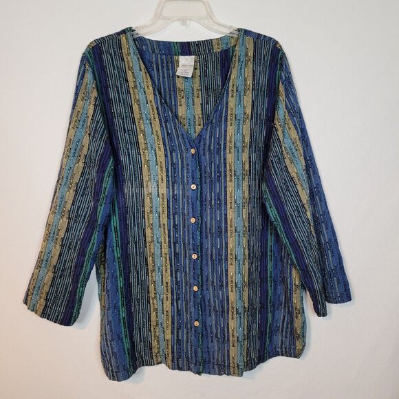 Roaman's Tunic Top Womens 18W Multi Stripe Button Up Long Sleeve Boho Aztec - Picture 1 of 9